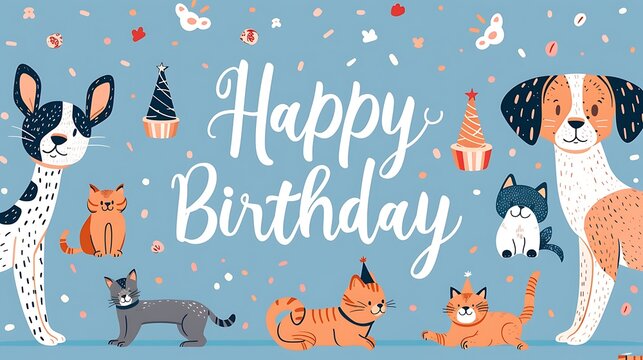 Paw-fect Birthday Wishes: Cute Pet-Themed Card with Dogs and Cats Celebrating.