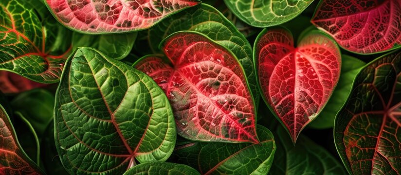 Close up image of vibrant iresine herbstii leaves with copy space image