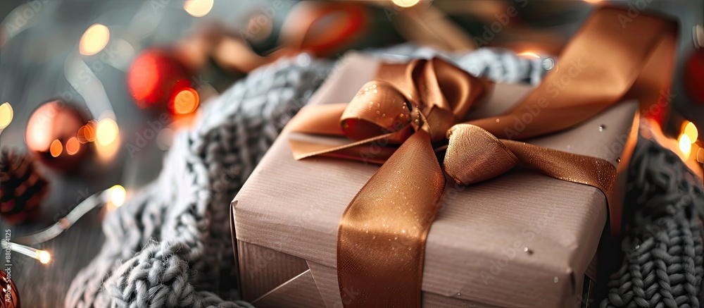 Poster A stylish and versatile composition featuring a gift box elegantly wrapped with a satin ribbon for the holidays Suitable for backgrounds with ample copy space