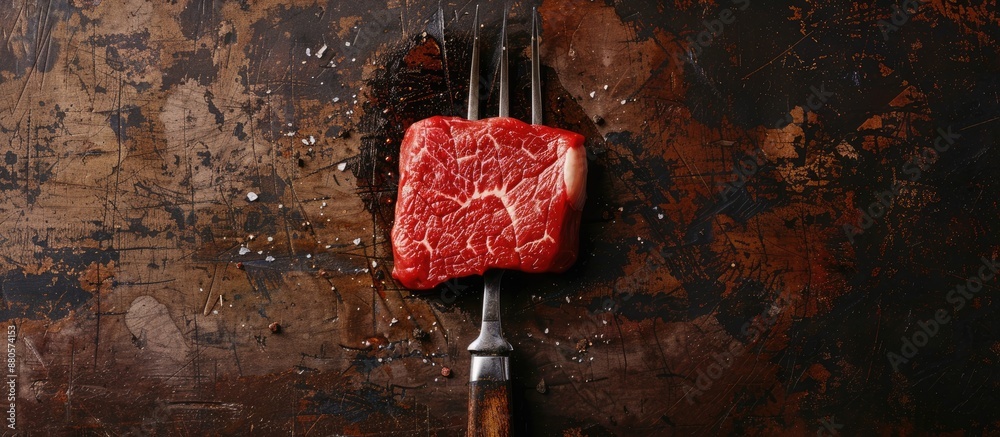 Poster Presentation of a raw steak on a fork atop a vintage table in a top view composition with available copy space image