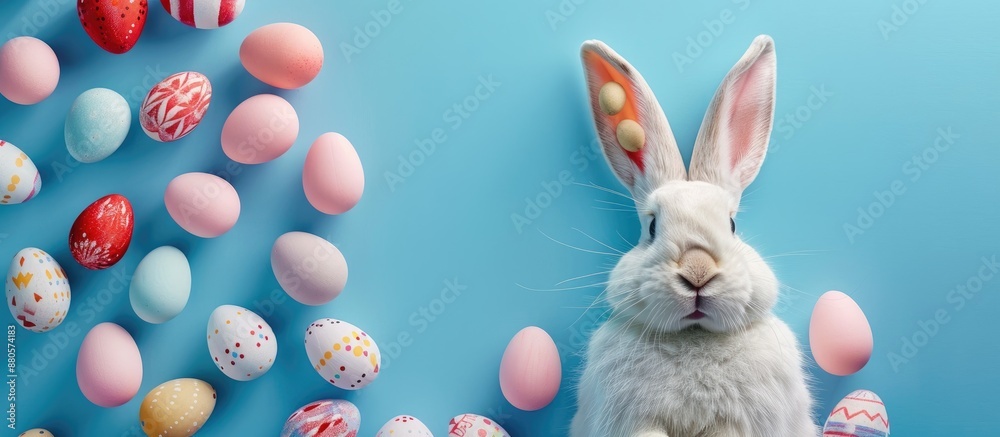 Aufkleber An image with a close up of the Easter Bunny surrounded by vibrant eggs on a blue backdrop offers ample copy space for additional content