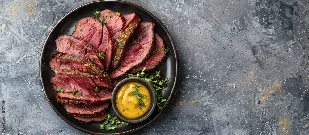 Aufkleber A dish featuring sliced beef tongue with mustard on a gray background View from above with room for text alongside suitable for a copy space image A chilled gourmet starter