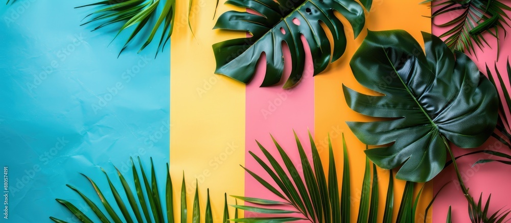 Poster summer flat lay composition featuring tropical leaves on a colorful backdrop providing engaging copy