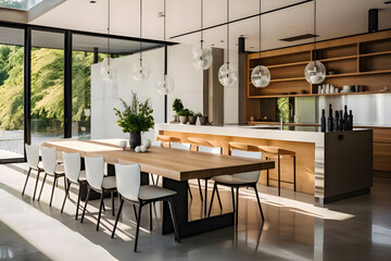 Kitchen features a modern minimalist interior design with an island, dining table, and chairs.