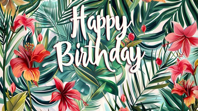 Tropical Happy Birthday Card with Palm Trees and Exotic Flowers for a Vibrant Celebration