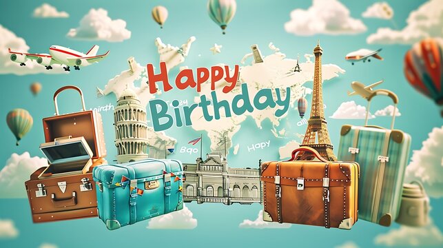 Around the World Birthday Wishes - Happy Birthday Card with Map Font, Landmarks, and Suitcases