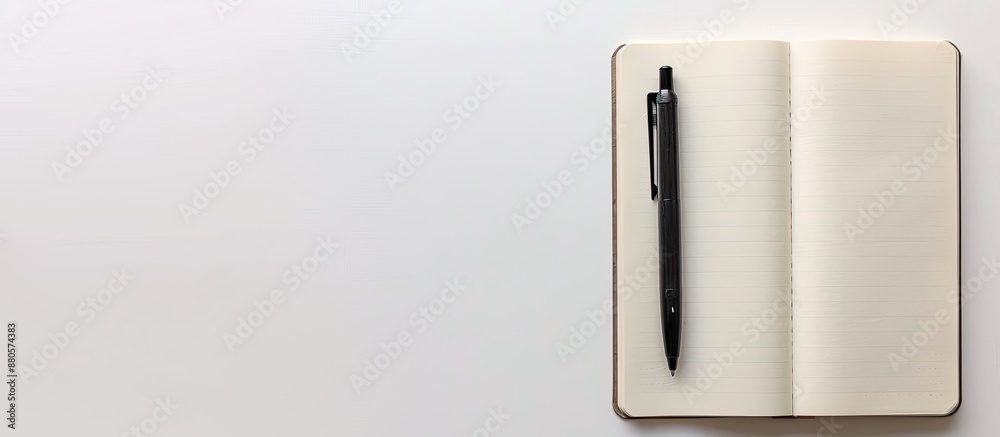 Leinwandbilder Top view flat lay of a notebook with a ballpoint pen on a white background ideal for adding text or graphics due to its copy space image