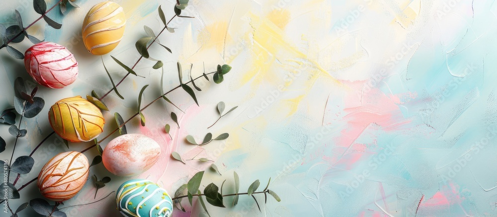 Aufkleber easter themed arrangement with colorful eggs and eucalyptus branches on a bright backdrop ideal for 