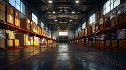 Fototapeta premium Empty warehouse with shelves full of boxes, large garage door, concrete floor, bright lighting.