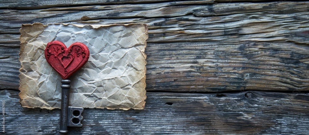 Poster top view of a valentine s day greeting card placed on a wooden surface featuring a heart and key wit