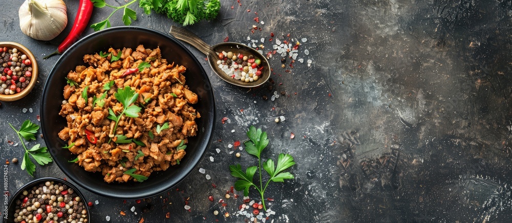Poster top view of a black bowl with homemade minced chicken on a concrete backdrop complete with cooking i