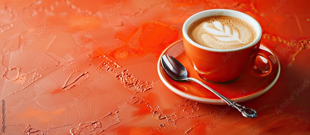 Aufkleber orange table with a small porcelain coffee cup frothy foam and a spoon offering copy space image wel