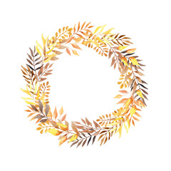 Boho gold leaves wreath. Watercolor illustration of floral elements hand painted. Autumn dried plants in vintage colors for postcard template