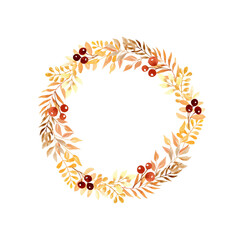 Boho gold leaves wreath. Watercolor illustration of floral elements hand painted. Autumn dried plants in vintage colors for postcard template