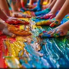 Fototapeta premium Hands covered in paint, one in blue and one in yellow