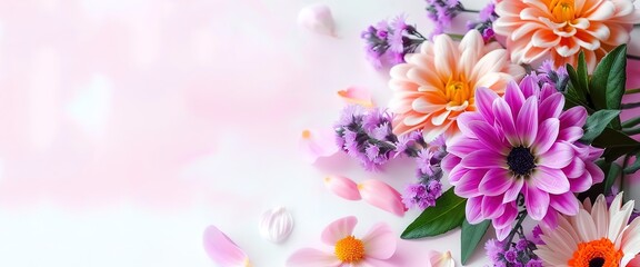Fototapeta premium a bunch of flowers on a pink and white background