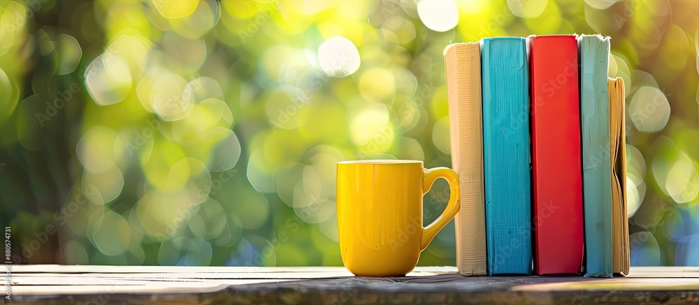 Aufkleber colorful books and a cup placed on a wooden table against a blurred natural backdrop ideal for back 