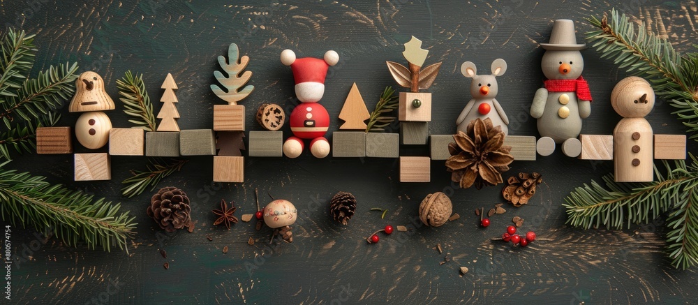 Aufkleber paste text on rowan s christmas themed background of wooden toys and pine perfect for a copy space i