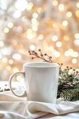 Cozy Winter Comfort with Warm Mug and Festive Holiday Lights