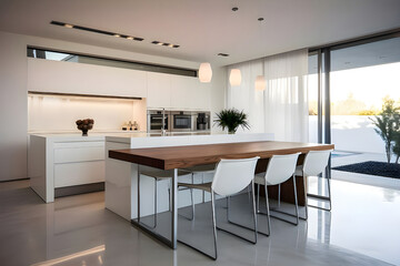 Kitchen features a modern minimalist interior design with an island, dining table, and chairs.