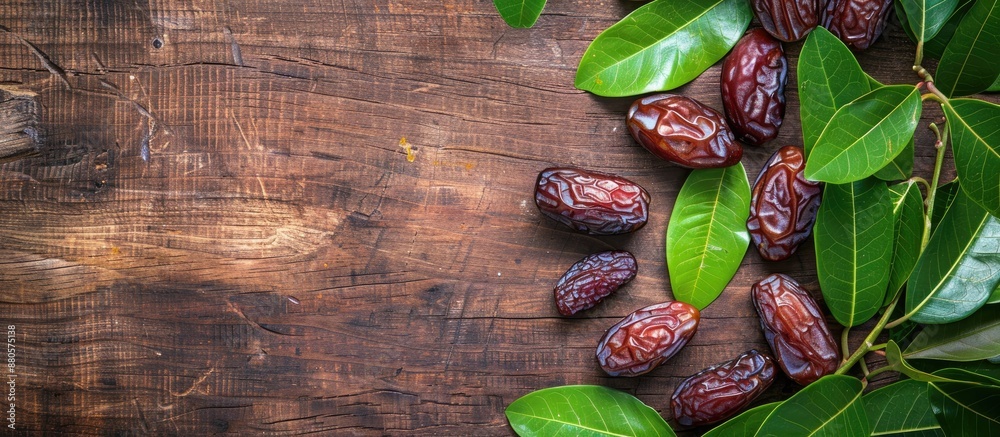 Aufkleber flat lay of sweet dried dates on a wooden table with green leaves ready for text placement in the co