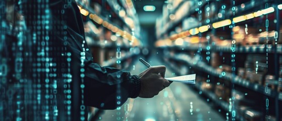 Digital pen writing in warehouse with data visualization, binary code, cinematic double exposure