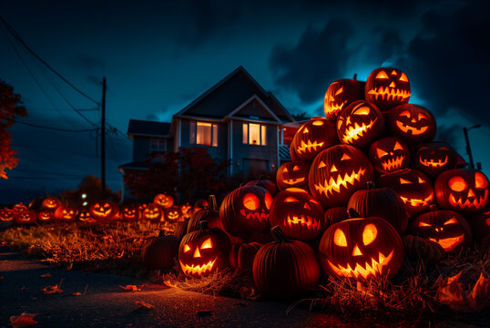 Halloween pumpkin display with glowing carved faces. Generative AI image