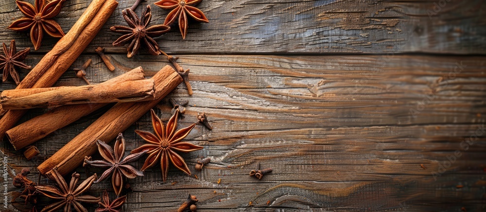 Aufkleber Top view of cinnamon sticks and star anise on a charming rustic wooden table with space for adding an image. copy space available