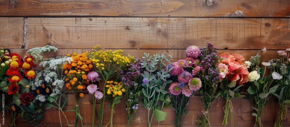Poster variety of garden blooms on a wooden backdrop with room for text top view with a copy space image