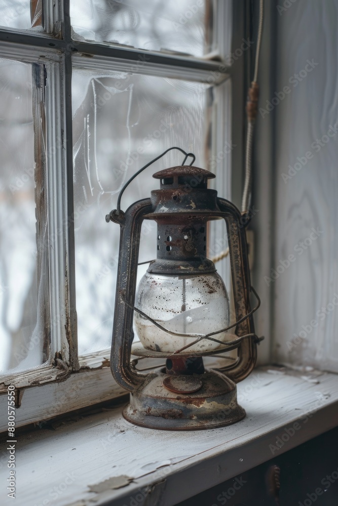 Poster an old lantern sits on a window sill with a warm glow