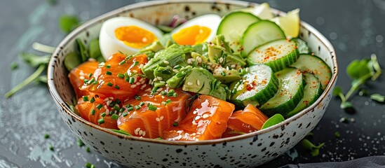 A healthy ketogenic meal featuring a flavorful salted salmon salad complete with a variety of nutritious ingredients like greens cucumbers eggs and avocado Ideal for keto and paleo diets