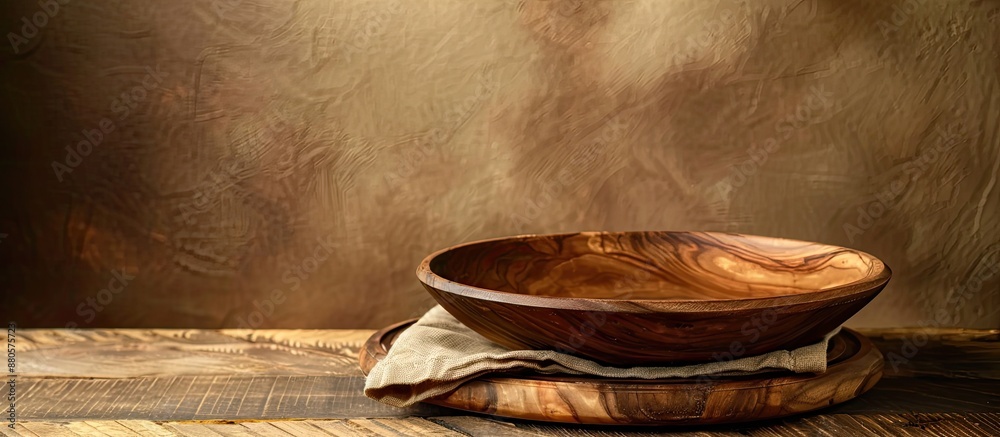 Aufkleber Wooden table setting with an empty plate and a napkin against a brown backdrop featuring a wooden bowl for cafe creating a food themed copy space image