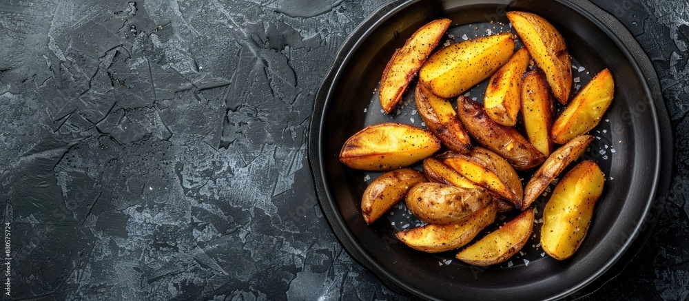 Poster Top view of roasted potato wedges in a frying pan on a dark stone backdrop with copy space image
