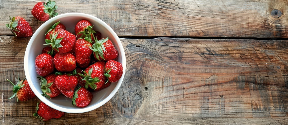 Poster a top view copy space image features fresh strawberries in a white bowl on a rustic wooden table