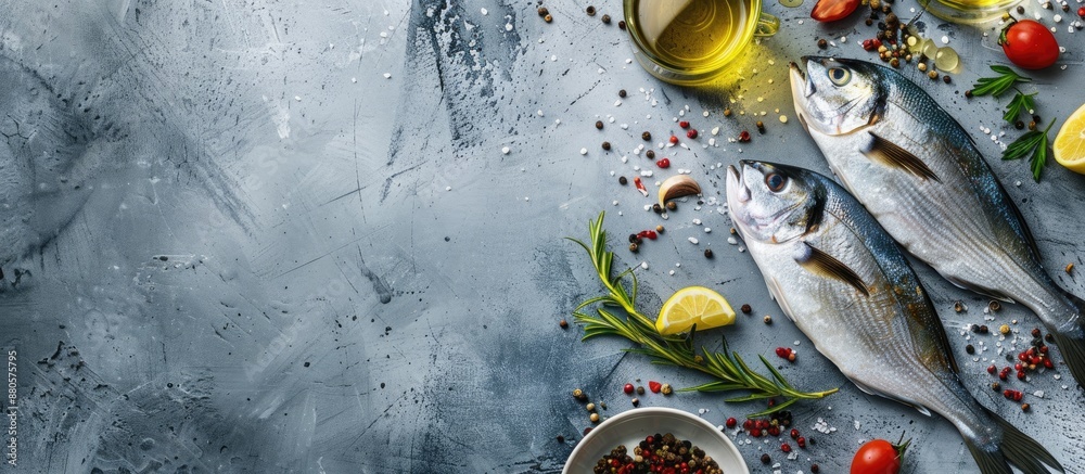 Poster Flat lay composition featuring fresh dorado fish and ingredients on a grey table with a designated copy space image