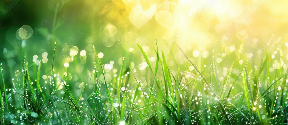 Poster Macro close up of dew on the grass with sunlight creating a copy space image