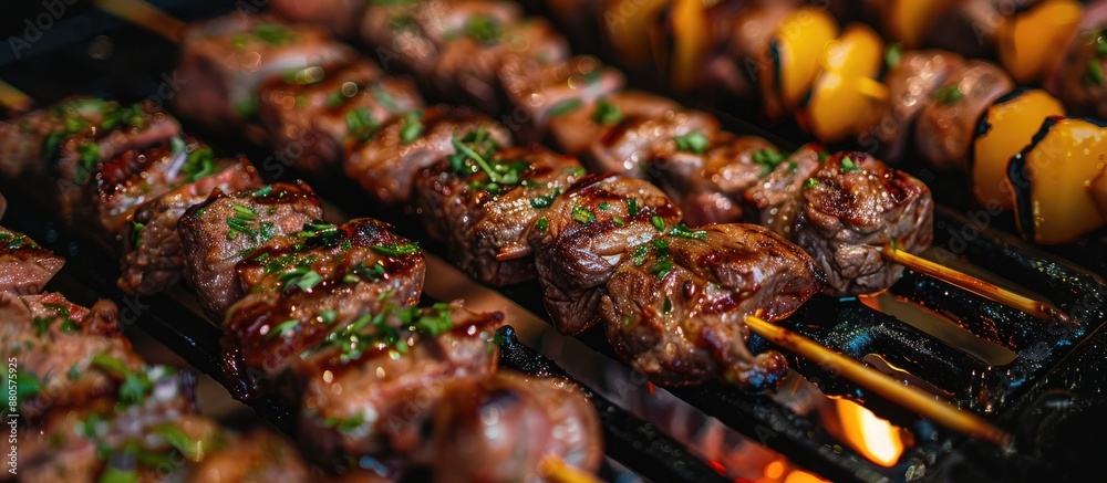 Poster Arranging meat skewers for grilling with a focused view on some leaving room for additional elements in the image