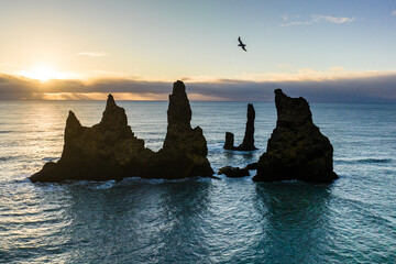 Reynisdrangar sea stacks at sunset on the south coast of Iceland.