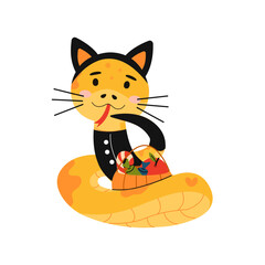 Cat Dressed as Snake Holding Basket of Treats