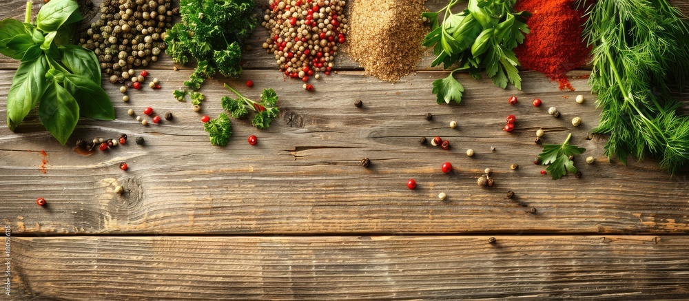 Poster Wooden table with assorted spices for cooking including pepper dill and parsley creating an inviting scene with copy space image included