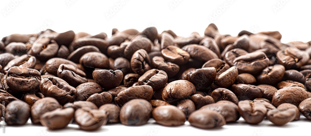 Poster Close up of a heap of coffee beans on a white background with copy space image perfect for text placement Begin your day with a fresh brew