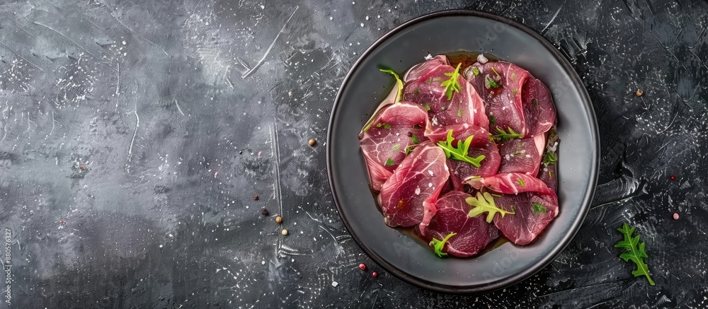 Aufkleber A dish featuring sliced beef tongue with mustard on a gray background View from above with room for text alongside suitable for a copy space image A chilled gourmet starter