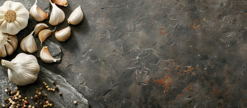 Poster a health conscious meal displayed on a stone or slate surface featuring garlic cloves and a bulb sho