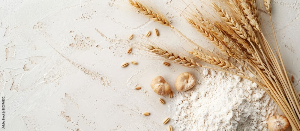 Poster A light background displaying wheat flour and wheat spikelets with a copy space image