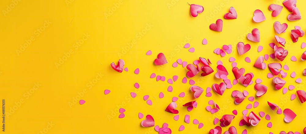 Poster Yellow background with pink textile hearts confetti on a banner suitable for adding text in the copy space image