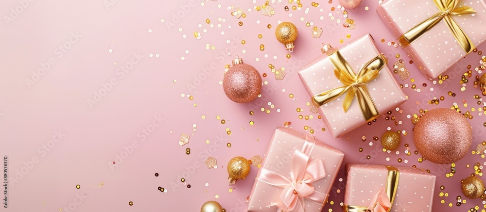 Poster a stylish pink background with gold sequins showcasing gift boxes ideal for christmas or new year co