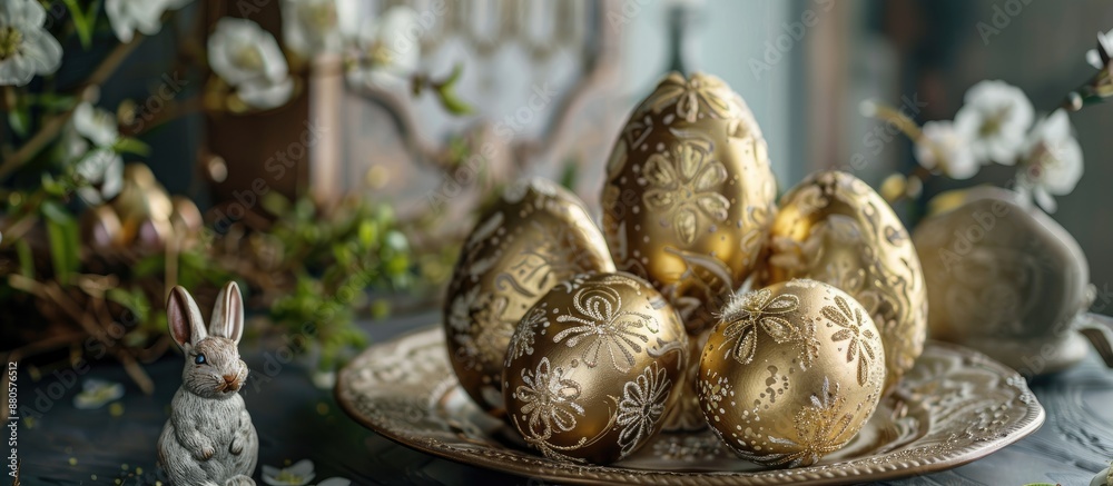 Aufkleber an arrangement of easter eggs adorned with gold patterns and bunny figures on a plate exuding a sens