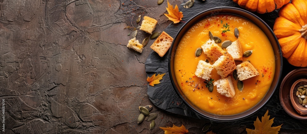 Poster top view of pumpkin soup with croutons and seeds next to organic pumpkins with copy space image