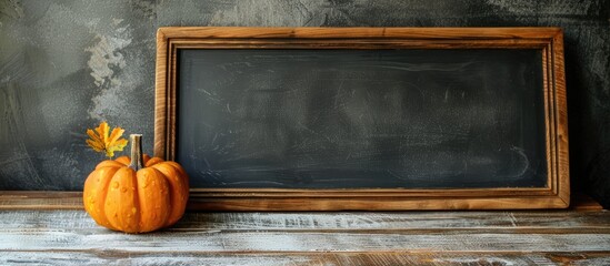 A fall themed napkin with a pumpkin on a wooden table beside a chalkboard creating a composition with copy space image