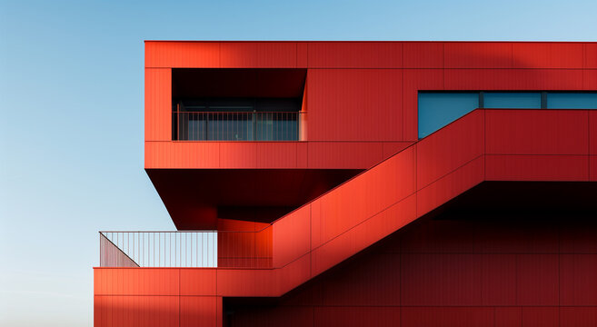 Vibrant red geometric building facade at sunset. Generative AI image